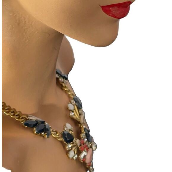 Vintage J Crew Necklace Statement Bib Black Pink Rhinestone Gold Tone Chain - Picture 6 of 14